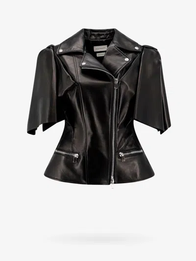 Alexander Mcqueen Sleeveless Leather Jacket With Knotted Drapery In Black