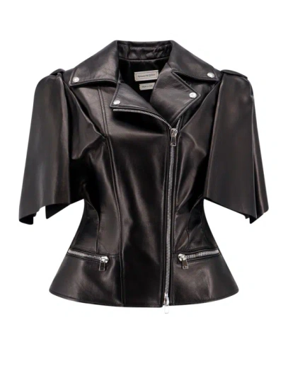 Alexander Mcqueen Sleeveless Leather Jacket With Knotted Drapery In Black