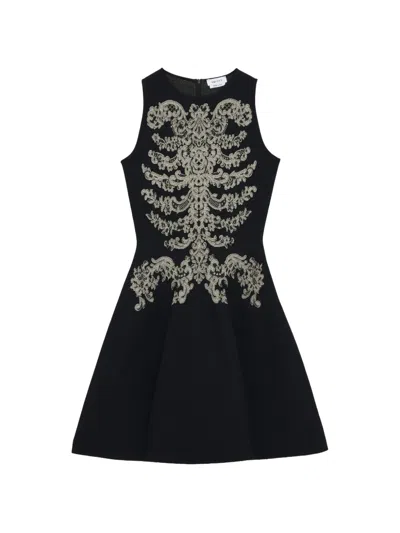 Alexander Mcqueen Lace Ribcage Jacquard Mini Dress In Black In Multi
