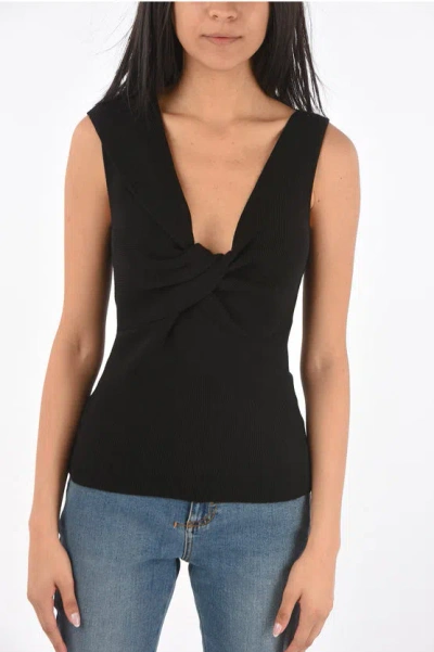 Alexander Mcqueen Sleeveless Wool Top With Front Knot In Black