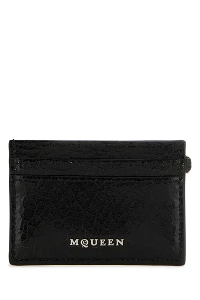 Alexander Mcqueen Sling Chain Crackled Leather Card Holder In Black