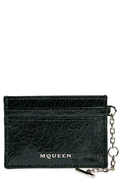 Alexander Mcqueen Sling Chain Crackled Leather Card Holder In Black