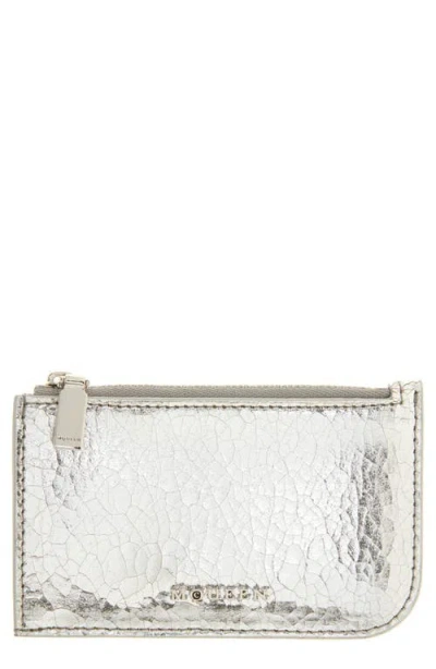 Alexander Mcqueen Sling Crackled Metallic Leather Card Case In Silver/beige/silver