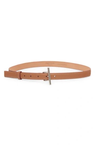 Alexander Mcqueen Sling Leather Belt In Pecan/silver