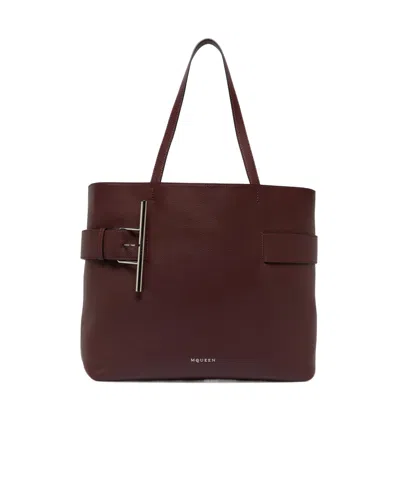 Alexander Mcqueen Tyrian Purple Leather T-bar Shopping Bag In Brown