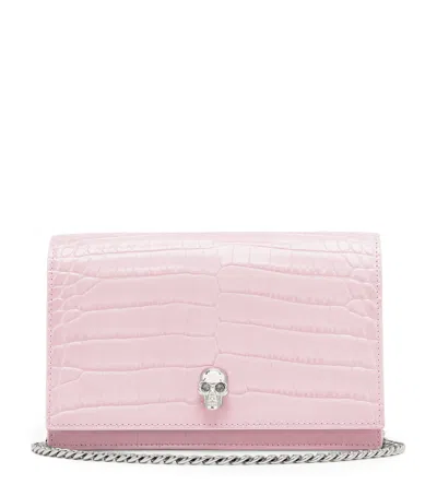 Alexander Mcqueen Small Croc-embossed Skull Cross-body Bag In Pink