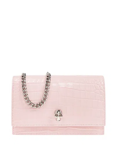 Alexander Mcqueen Small Skull Crocodile-embossed Shoulder Bag In Pink