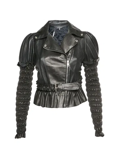 Pre-owned Alexander Mcqueen Smocked-sleeve Peplum-hem Jacket In Black