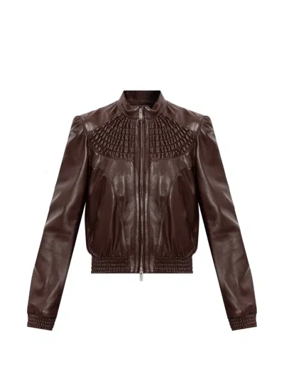 Alexander Mcqueen Smocking Leather Jacket In Burgundy In Brown