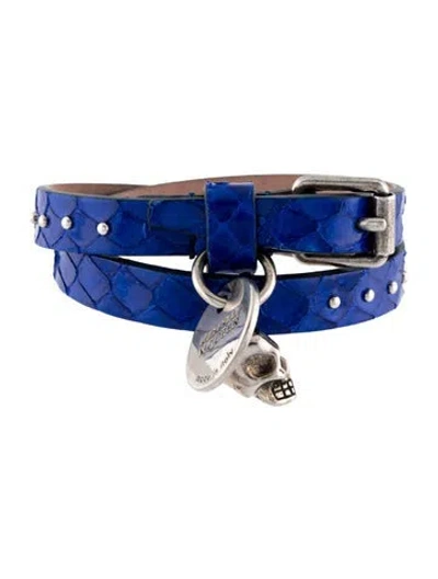 Pre-owned Alexander Mcqueen Snakeskin & Crystal Studded Skull Charm Wrap Bracelet In Multicolor