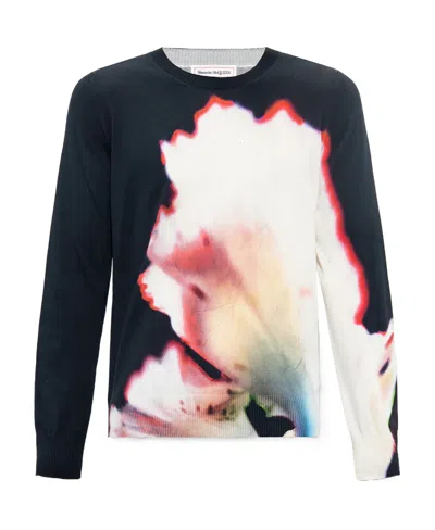 Alexander Mcqueen Solarised Flower-print Crew-neck Jumper In Black