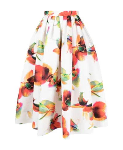 Alexander Mcqueen Solarised Orchid-print Cotton Midi Skirt In Multi