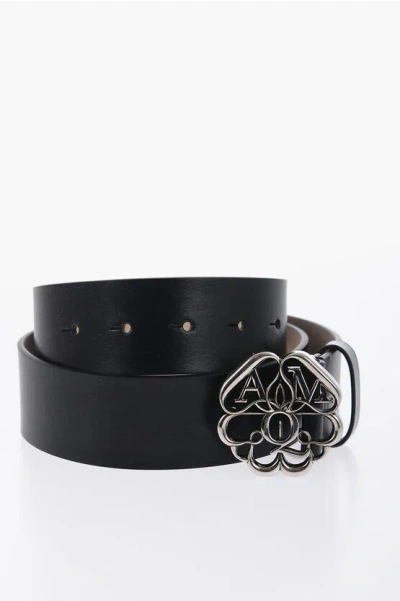 Alexander Mcqueen Solid Color Leather Belt With Silver-tone Buckle 40mm In Black