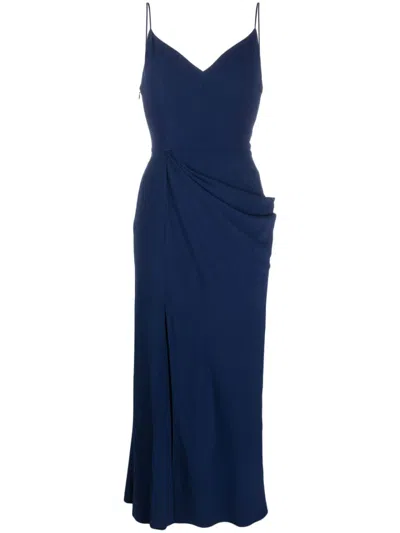 Alexander Mcqueen V-neck Draped Woven Midi Dress In Navy
