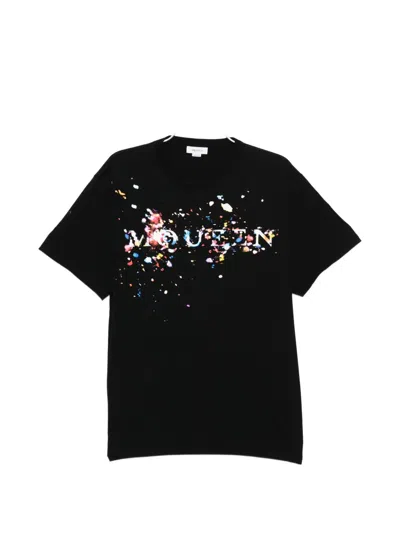 Alexander Mcqueen Men Black Crewneck T-shirt With Print On The Front In Cotton Man In Multi