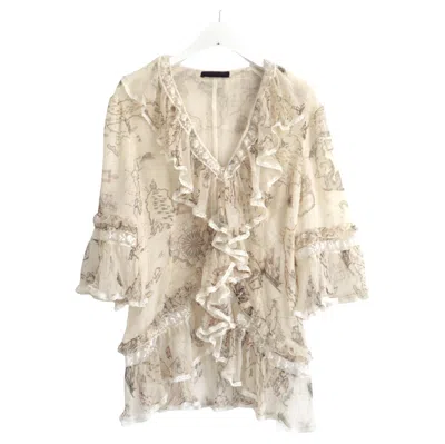 Pre-owned Alexander Mcqueen Spring 2005 Map Print Silk Ruffle Blouse In Sand