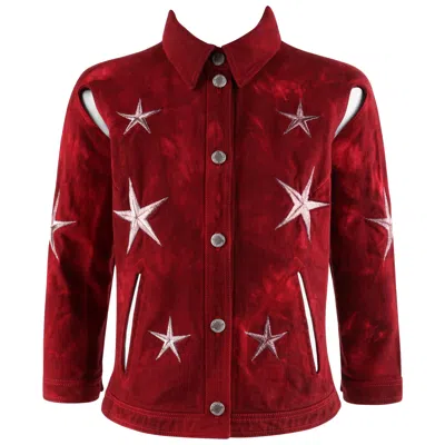 Pre-owned Alexander Mcqueen S/s 2000 “eye” Star Embroidered Aesthetic Denim Cutout Jacket In Red