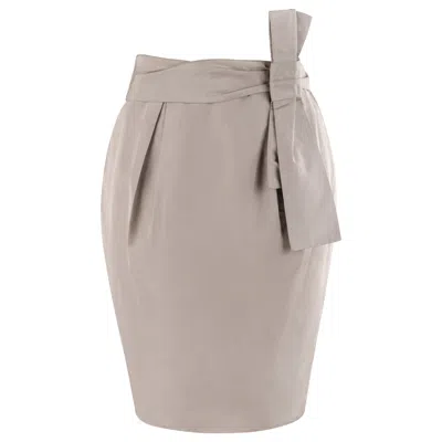 Pre-owned Alexander Mcqueen S/s 2006 Taupe Silk Taffeta Pleated Waist Bow Pencil Skirt In Brown