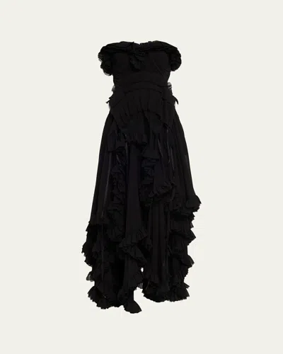 Alexander Mcqueen Strapless Draped Ruffle Silk Georgette Gown In Multi