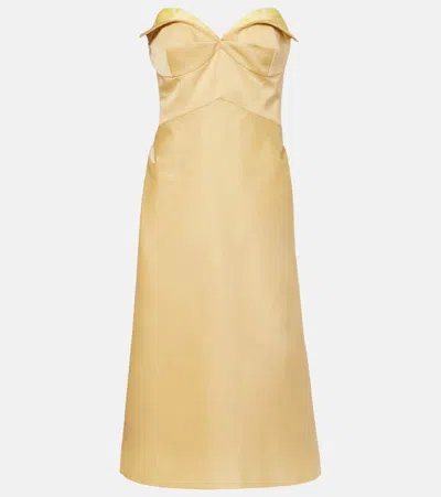 Alexander Mcqueen Strapless Satin Midi Dress In Yellow