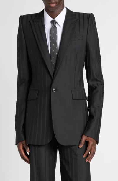 Alexander Mcqueen Stripe Stacked Shoulder Peak Lapel Blazer In Black/black