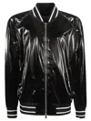 Alexander Mcqueen Solid Color Bomber Jacket With Shine Finish And Striped Edge In Black