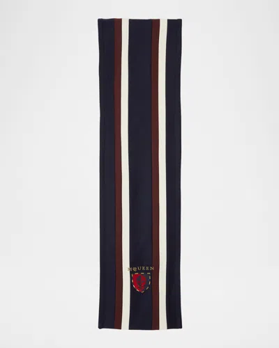 Alexander Mcqueen Striped Scarf W/ Logo Crest In 4173 Navy Bordeaux
