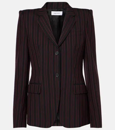 Alexander Mcqueen Pinstriped Wool Blazer In Black/bordeaux