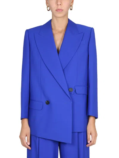 Alexander Mcqueen Double Breasted Wool Blazer In Blue