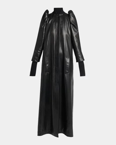 Alexander Mcqueen Structured Puff-sleeve Long Leather Coat In Brown