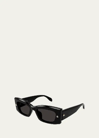 Alexander Mcqueen Studded Acetate Rectangle Sunglasses In Shiny Solid Black