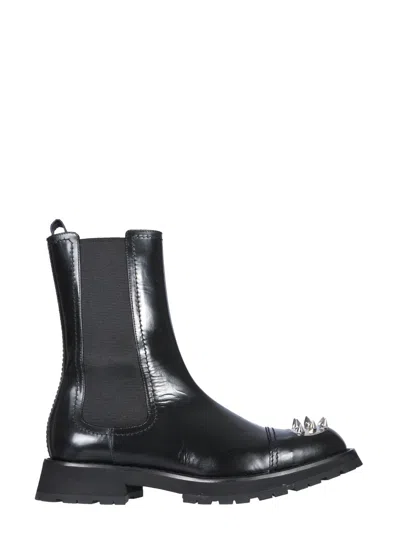 Alexander Mcqueen Studded Leather Boots With 4 Cm Rubber Midsole In Black