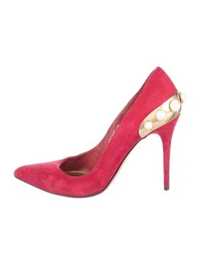 Pre-owned Alexander Mcqueen Suede Beaded Accents Slingback Pumps In Red