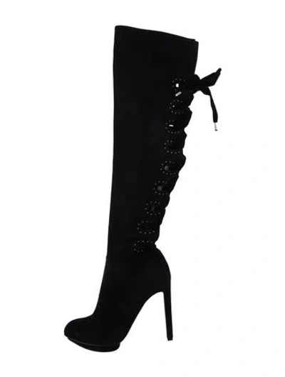 Pre-owned Alexander Mcqueen Suede Studded Accents Lace-up Boots In Black