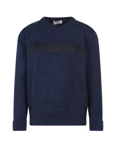 Alexander Mcqueen Logo-intarsia Crew Neck Jumper In Navy