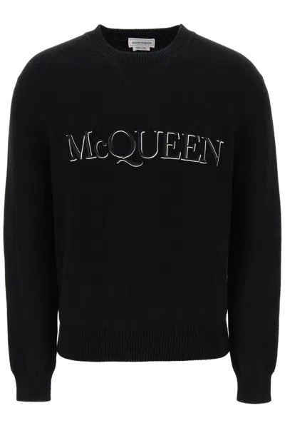 Alexander Mcqueen Sweater With Logo Embroidery In Nero