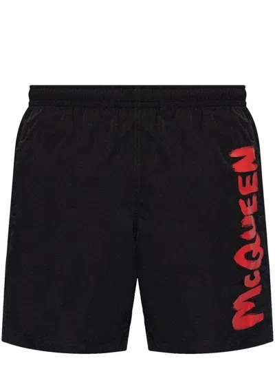 Alexander Mcqueen Swimsuit With Contrast Side Printed Logo In Black