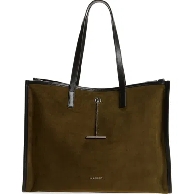 Alexander Mcqueen T-bar Chain Suede Tote In Military/black/silv