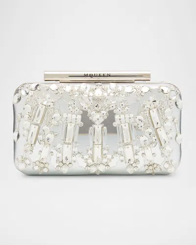 Alexander Mcqueen T-bar Metallic Leather Crystal-embroidered Clutch In Silver
