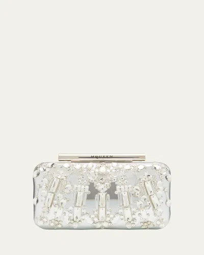 Alexander Mcqueen T-bar Metallic Leather Crystal-embroidered Clutch In Silver