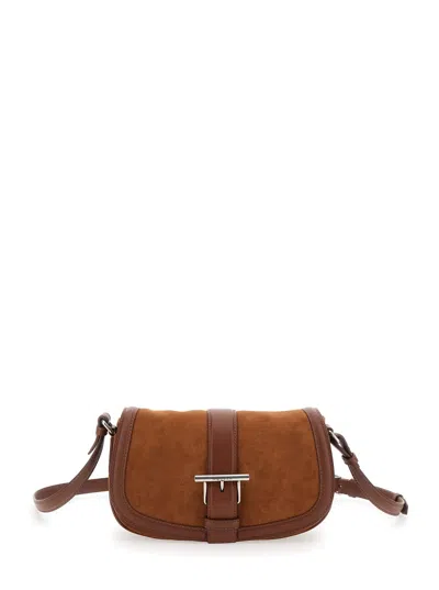 ALEXANDER MCQUEEN SATCHEL BROWN CROSSBODY BAG WITH T-BUCKLE AND EMBOSSED LOGO IN SUEDE WOMAN