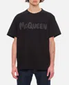 Alexander Mcqueen Black T-shirt With Glitter Logo Print In Cotton Man In Black