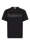 Alexander Mcqueen Black T-shirt With Glitter Logo Print In Cotton Man In Black Steel