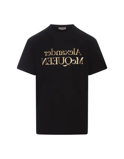 Alexander Mcqueen T-shirt With Logo Reflection In Black And Gold