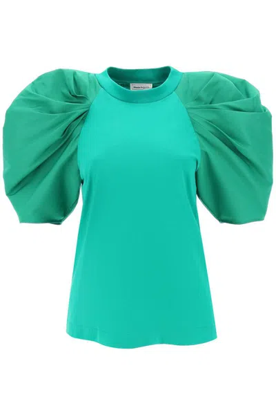 Alexander Mcqueen T-shirt With Ruched Balloon Sleeves In Poly Faille In Green