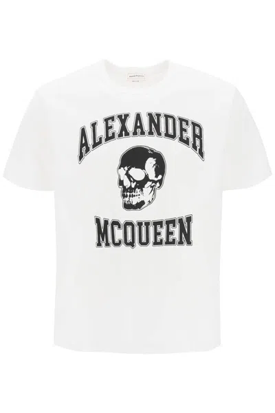 Alexander Mcqueen T-shirt With Varsity Logo And Skull Print In Bianco