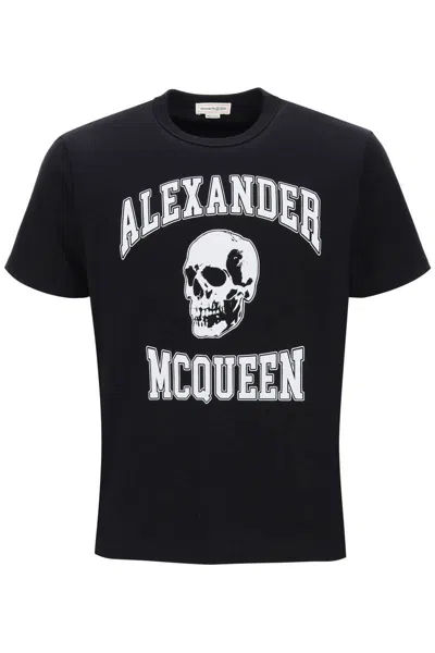 Alexander Mcqueen T-shirt With Varsity Logo And Skull Print In Blue