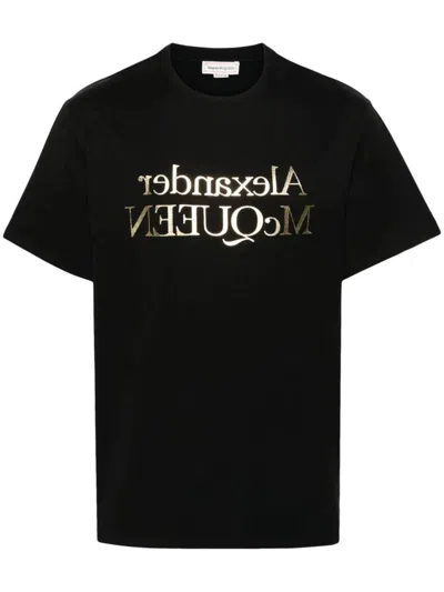 Alexander Mcqueen Reflected Logo T-shirt In Black/ Gold