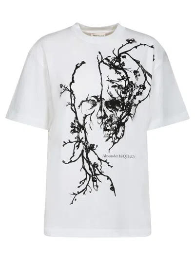 Alexander Mcqueen Floral Cotton Jersey T-shirt In Weiss