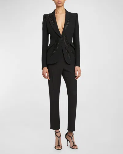 Alexander Mcqueen Tailored Blazer Jacket With Beaded Feather Embroidery In Black